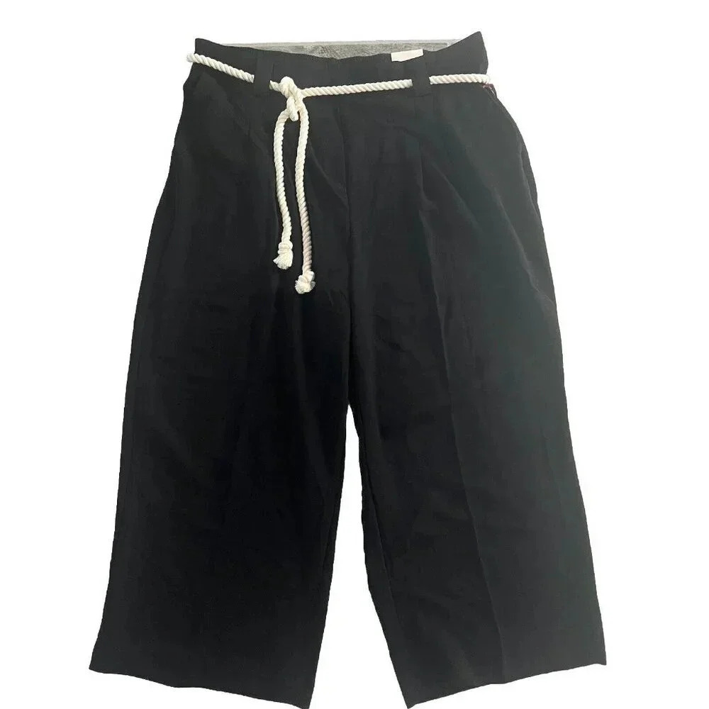 Autres Filles Women’s Pull On Wide Leg Cropped Pants Size Large Black Rope Belt